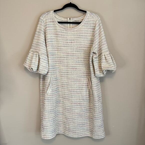 LOFT Dresses & Skirts - Loft Women's Cream Striped Bubble Sleeve Pocketed Shift Mini Dress Size 16/18